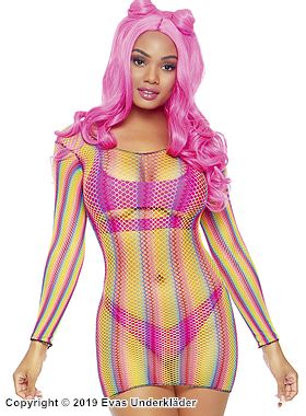Night mini dress, fishnet, long sleeves, colorful stripes